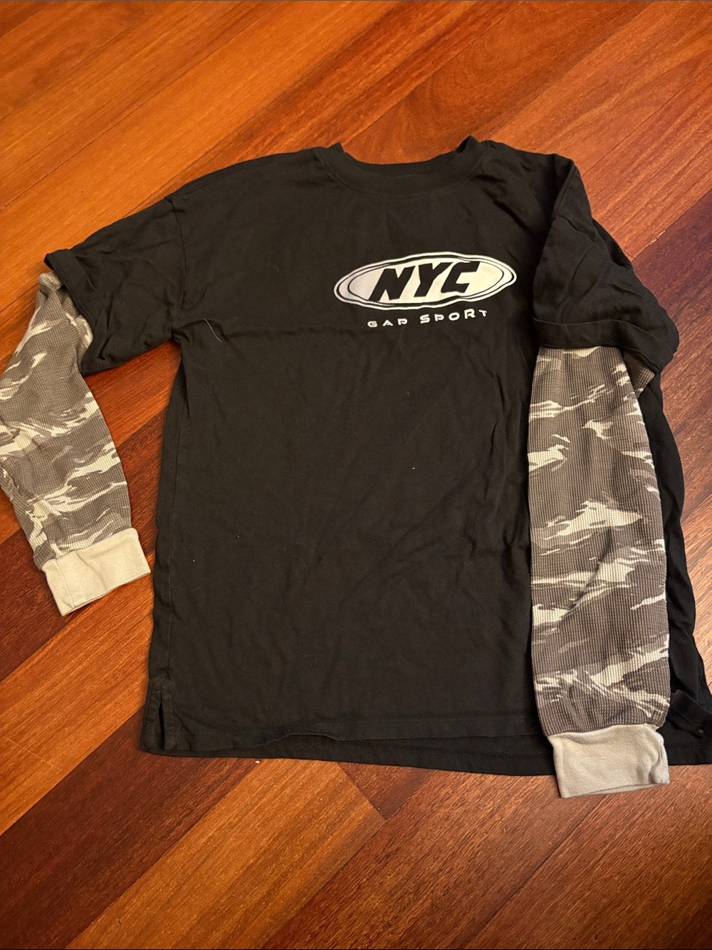 GAP Black Tee with Gray Camo Layered-Look Long Sleeves